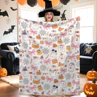 Halloween Cute Ghost Bow Blanket: Spooky Pink Bows and Pumpkins