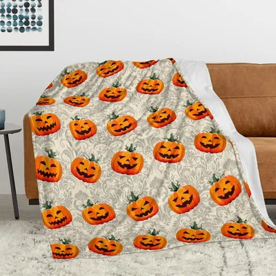 Jack O Lantern Pumpkins Pattern Blanket: Spooky Carved Faces on Damask