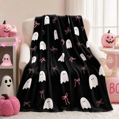 Black Ghosts and Pink Blanket: Spooky Cute Halloween Throw Design