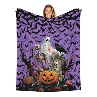 Skeleton Ghost Halloween Bats Blanket Spooky Graveyard Design