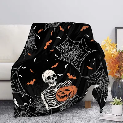 Skeleton Pumpkin Spiderweb Blanket