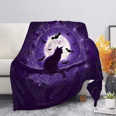 Black Cat Under Full Blanket: Spooky Moon and Bats Design