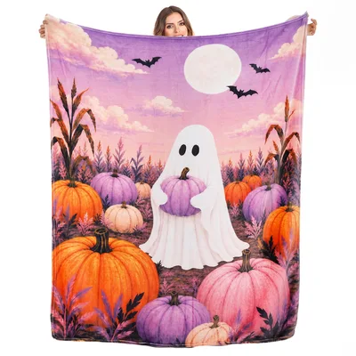 Ghost Among Pumpkins Pastel Blanket: Cute Halloween Scene