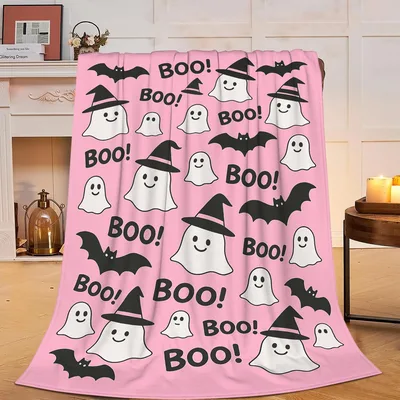 Boo Ghosts and Bats Blanket features cute smiling ghosts