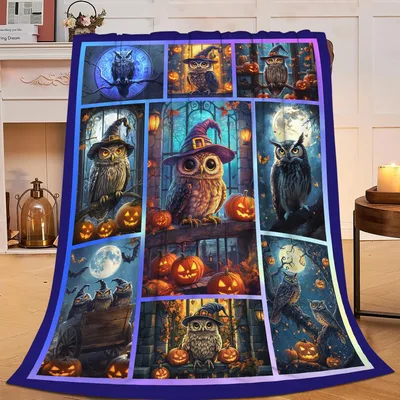Gothic Owls and Pumpkins Blanket: Spooky Owl Collage for Halloween