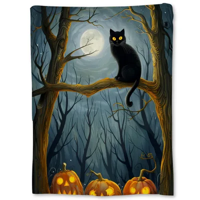 Black Cat in Moonlit Blanket: Spooky Halloween Forest Design