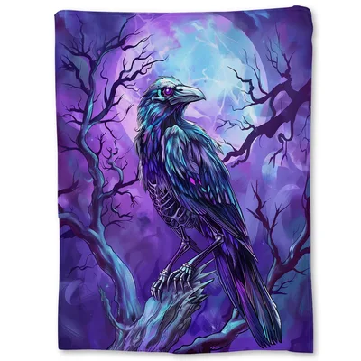 Mystical Raven Full Moon Blanket: Gothic Bird Art for Halloween