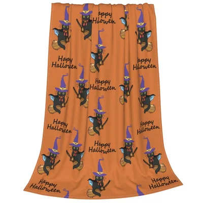 Black Cat Halloween Magician Blanket features a flying black