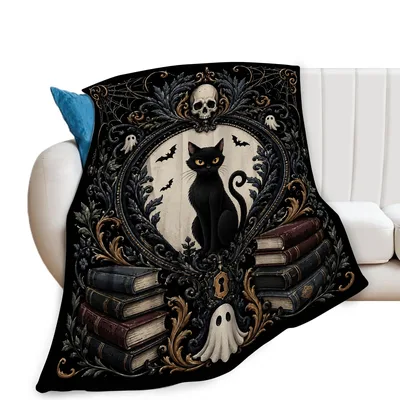 Gothic Black Cat Books Blanket: Spooky Library Art for Bookworms