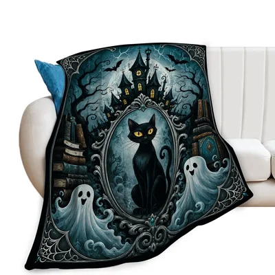 Black Cat in Haunted Blanket: Gothic Mirror and Castle Design