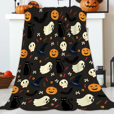 Halloween Ghosts Pumpkins and Black Blanket for Spooky Season