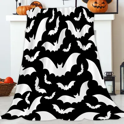 Spooky Black and White Blanket with Bats for Halloween