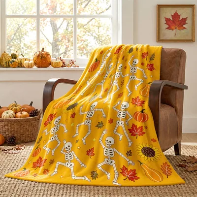 Skeleton Fall Leaves Blanket: Dancing Skeletons and Autumn Pumpkins