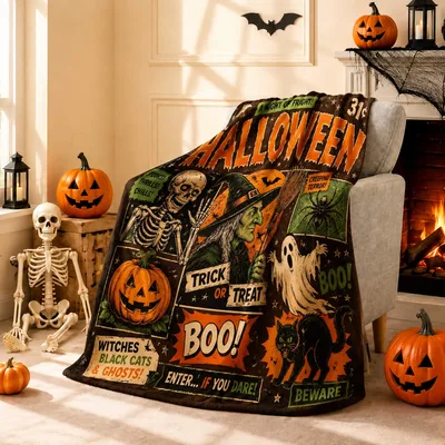Vintage Halloween Witches Skulls Blanket Spooky Vintage Style Throw
