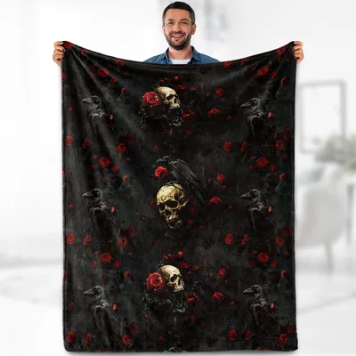 Skull and Rose Halloween Blanket for Gothic Bedroom Decor