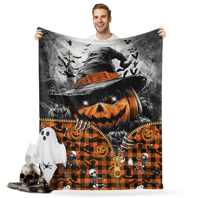 Halloween Pumpkin Ghost Bats Blanket: Spooky Jack-o'-lantern Design