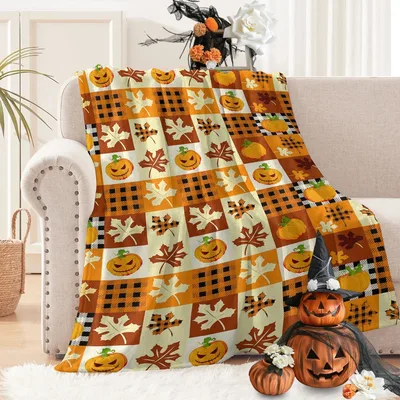 Pumpkins and Leaves Plaid Blanket for Halloween Season
