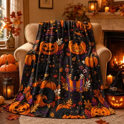 Halloween Pumpkins Pattern Blanket: Cute Cats and Jack-O-Lanterns
