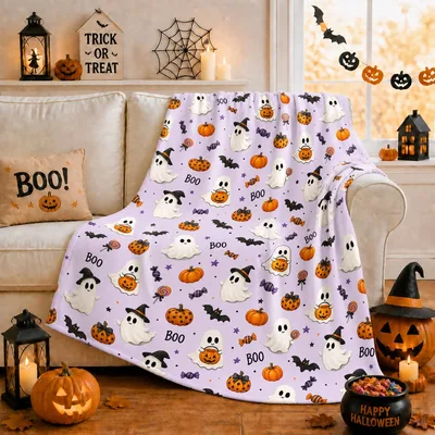 Purple Ghost Halloween Pattern Blanket: Spooky Cute Fall Design