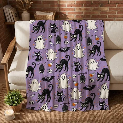 Ghosts and Black Cats Blanket: Spooky Feline and Phantom Pattern