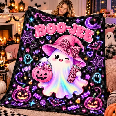 Boo-Jee Ghost with Pumpkins Blanket: Neon Halloween Throw for Girls