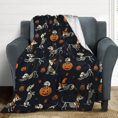 Halloween Dachshund Skeleton Pattern Blanket for Spooky Dog Lovers
