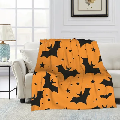 Orange Halloween Bats Pattern Blanket: Spooky Night Sky Design