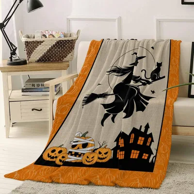 Witch Cat Halloween Silhouette Blanket Spooky Castle and Pumpkin Art