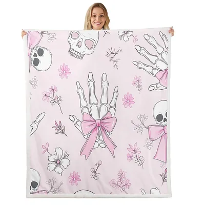 Pink Skull Bow Skeleton Blanket: Gothic Floral Fleece Design