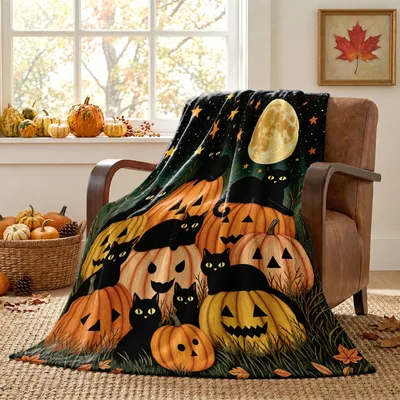 Pumpkins and Black Cats Blanket: A Spooky Halloween Scene