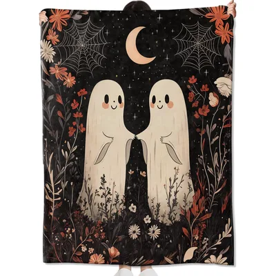Cute Ghosts Under Blanket: Spooky Moon and Floral Throw Design