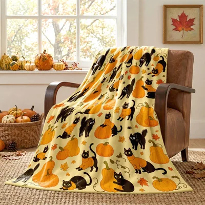 Pumpkins and Black Cats Fall Blanket for Autumn Cat Lovers