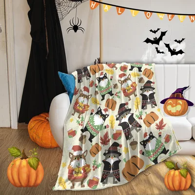 Halloween Thanksgiving Christmas Pattern Blanket for Holiday Cats