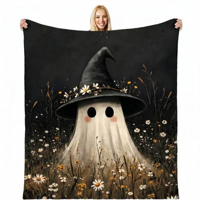 Ghost in Witch Hat Blanket: Spooky Daisies Design