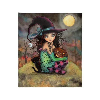 Witch with Pumpkin Under Blanket: Gothic Halloween Art for Cozy Nights