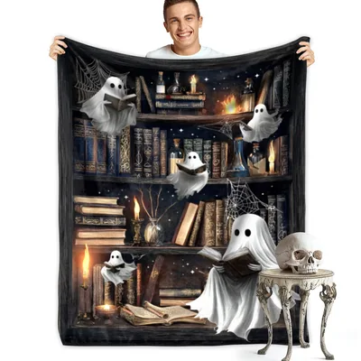 Ghosts Reading in Library Blanket: Spooky Bookshelf Design for Readers