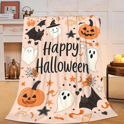 Happy Halloween Pumpkin Ghost Pattern Blanket for Seasonal Cozy Vibes