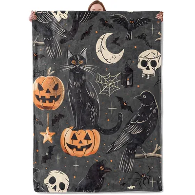 Black Cat and Pumpkins Blanket featuring a spooky black cat