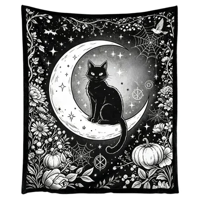 Black Cat on Moon Blanket: Spooky Halloween Coloring Throw
