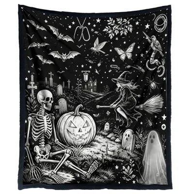 Skeleton Pumpkin Graveyard Night Blanket for Spooky Halloween Decor