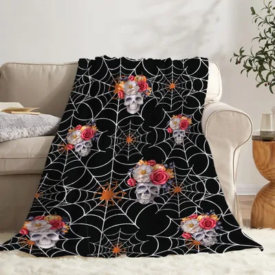 Spiderweb Roses Skeleton Halloween Blanket for Spooky Season