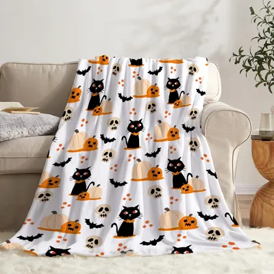 Black Cats Pumpkins Halloween Pattern Blanket for Spooky Season