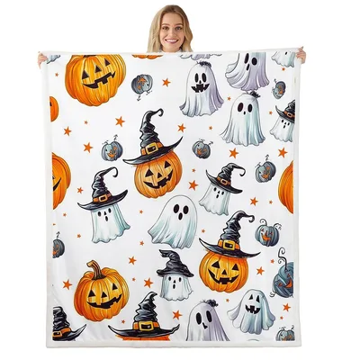 Halloween Pumpkins and Ghosts Blanket: Spooky Jack-O-Lantern Throw