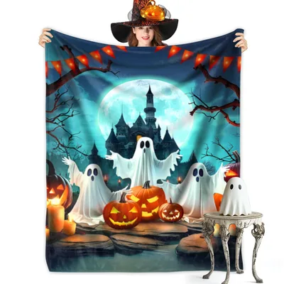 Haunted Castle Halloween Night Blanket: Spooky Ghosts and Pumpkins