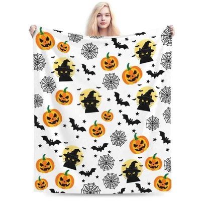 Halloween Pumpkins Witch Hats Blanket for Spooky Season Fans