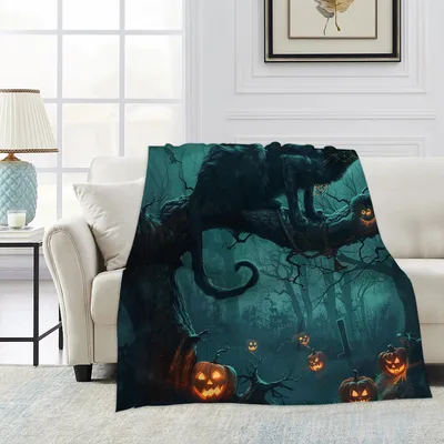 Black Cat Pumpkin Night Blanket: Spooky Feline and Jack-o-Lanterns