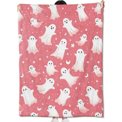 Cute Ghost Pattern Blanket: Smiling White Spirits on Pink