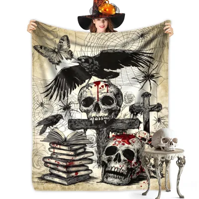 Vintage Skull and Crow Blanket Gothic Halloween Art Design