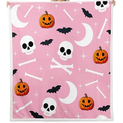 Skulls Pumpkins and Bats Blanket: Spooky Pink Halloween Throw