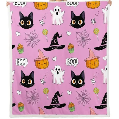 Black Cats and Ghosts Pattern Blanket features cute pumpkins